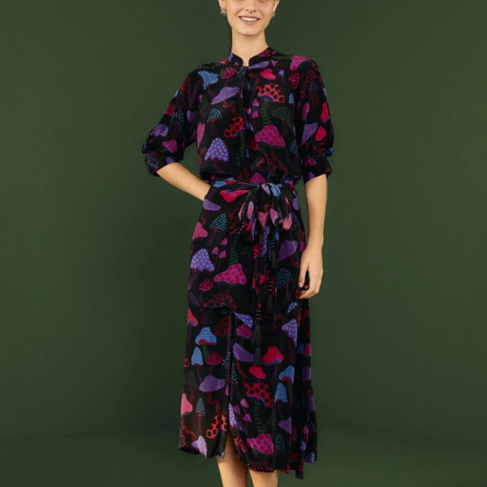 Farmrio- Neon Mushrooms Longsleeve Printed Midi Dress with removable scarf